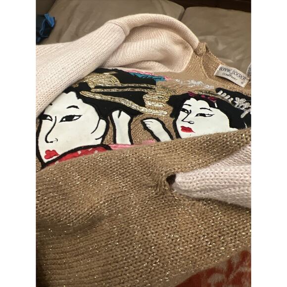 VTG Bonnie Boerer S/P Cream Gold Metallic Sweater Japanese Geisha Applique EUC - Picture 9 of 9